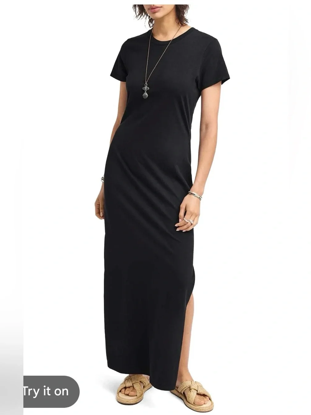 Who What Wear Black Short-Sleeve Maxi T-shirt Dress with Side Slit size S.